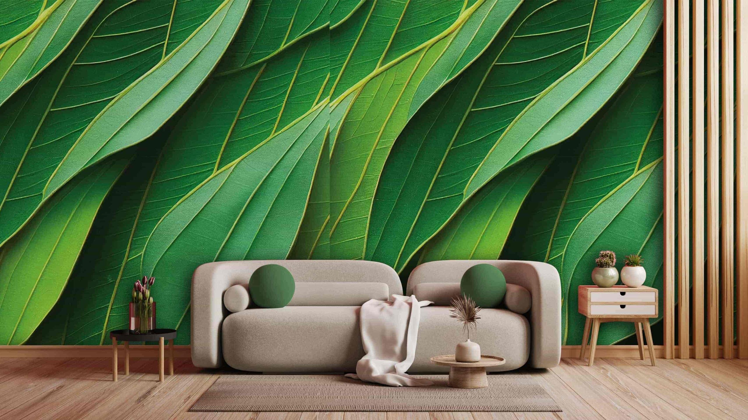 Viva magenta wall background mockup with sofa furniture and deco Leaves DECOR-15 - Image 1