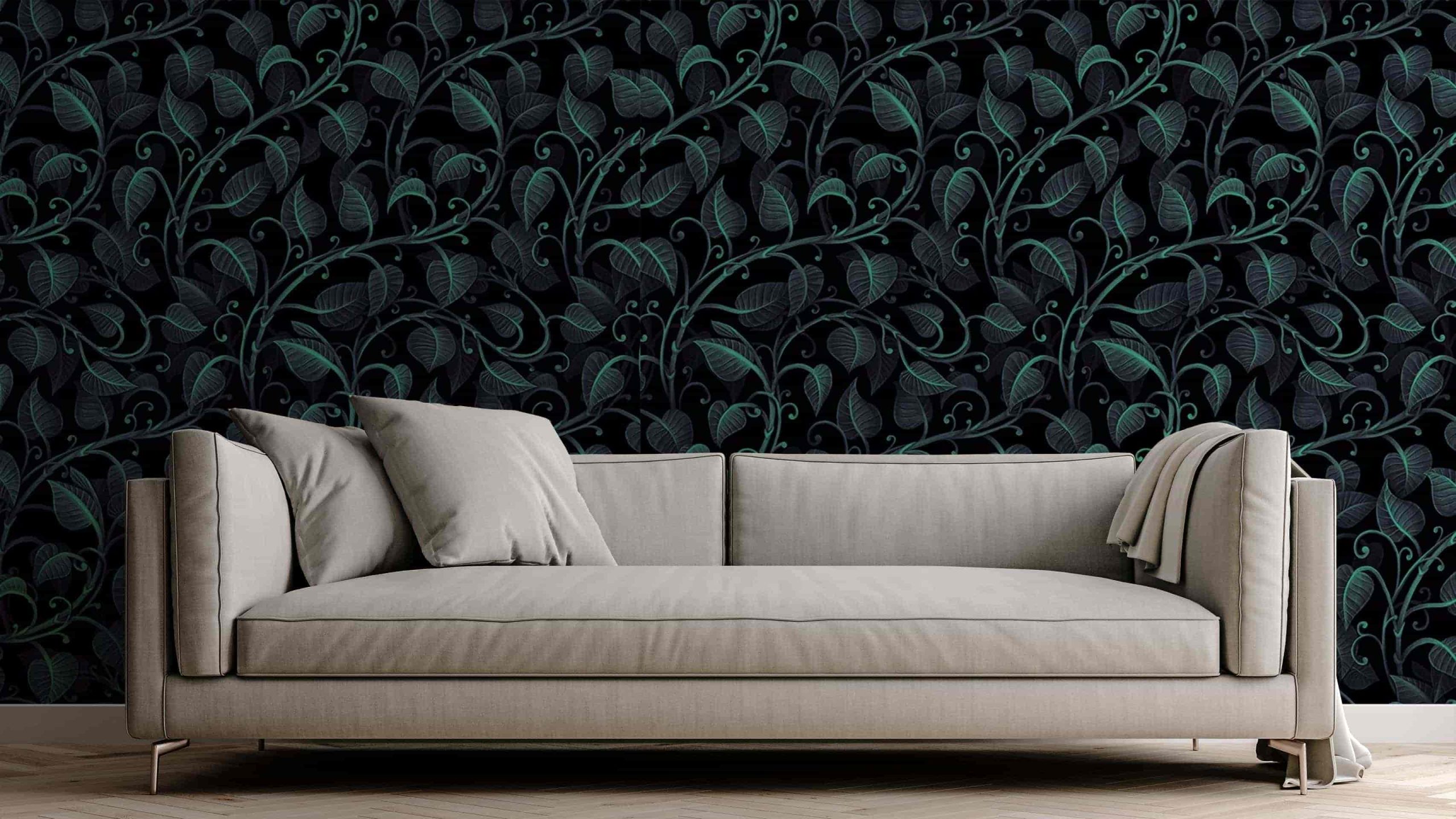 white concrete mock-up wall with white fabric sofa and pillows, Leaves DECOR-20 - Image 1