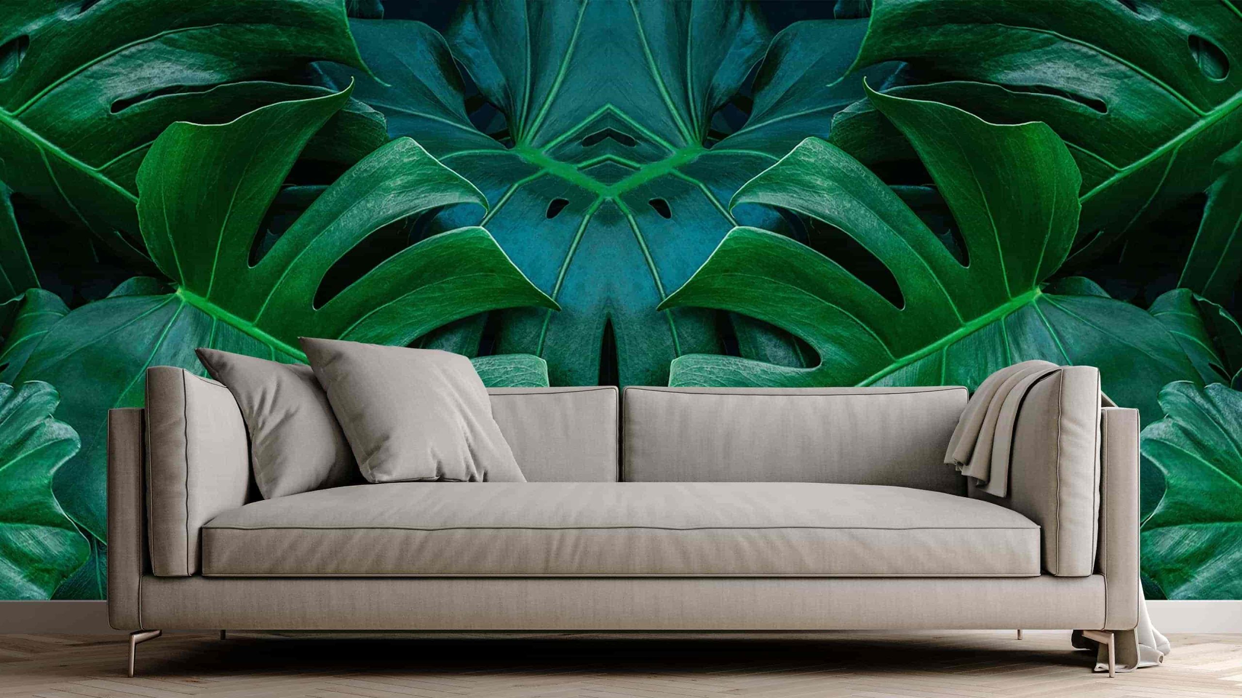 white concrete mock-up wall with white fabric sofa and pillows, Leaves DECOR-54 - Image 1