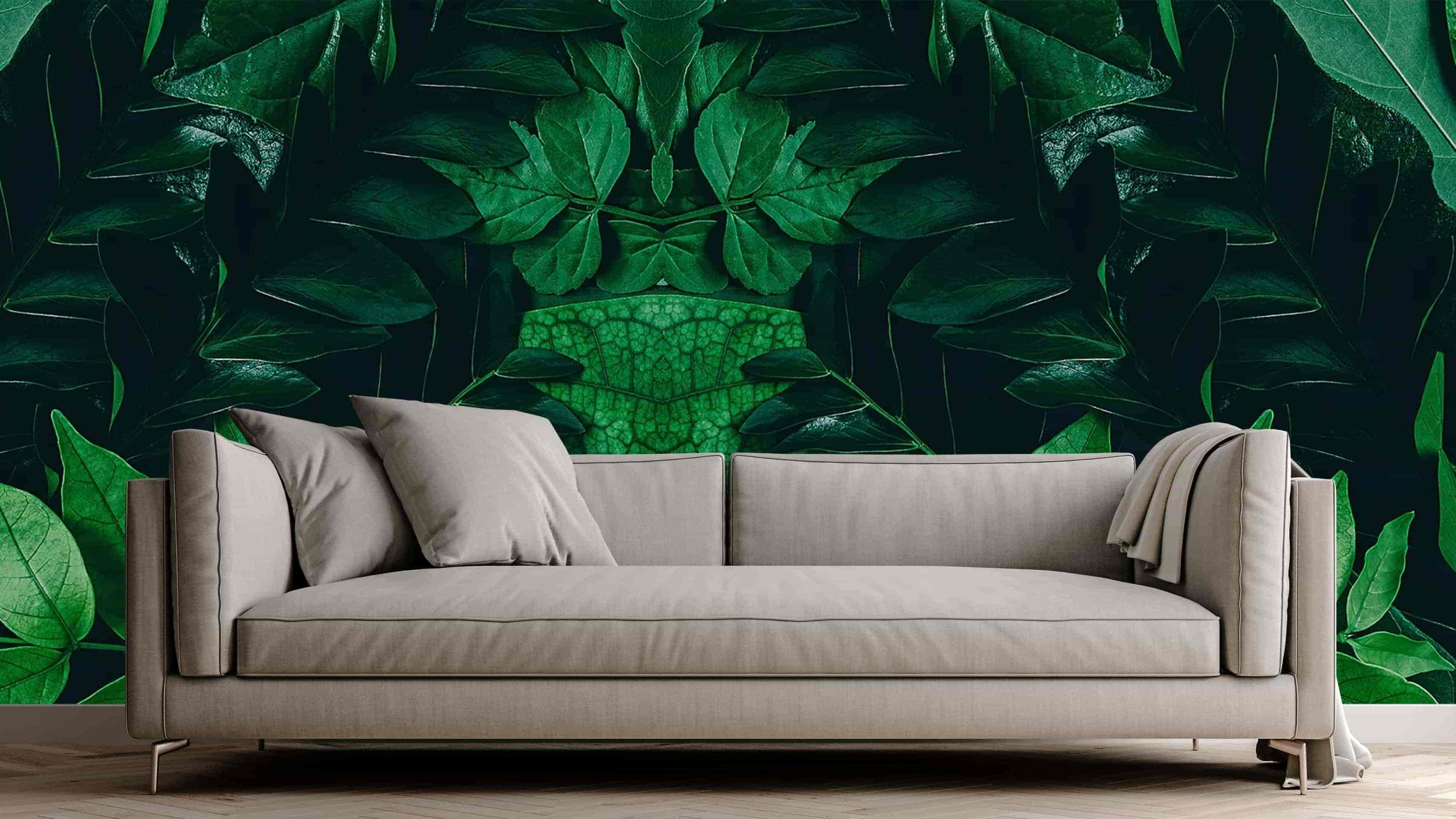 white concrete mock-up wall with white fabric sofa and pillows, Leaves DECOR-56 - Image 1