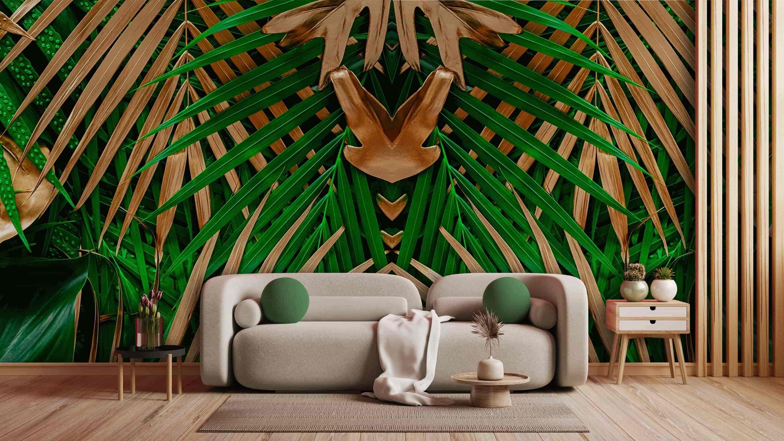 Viva magenta wall background mockup with sofa furniture and deco Leaves DECOR-77 - Image 1