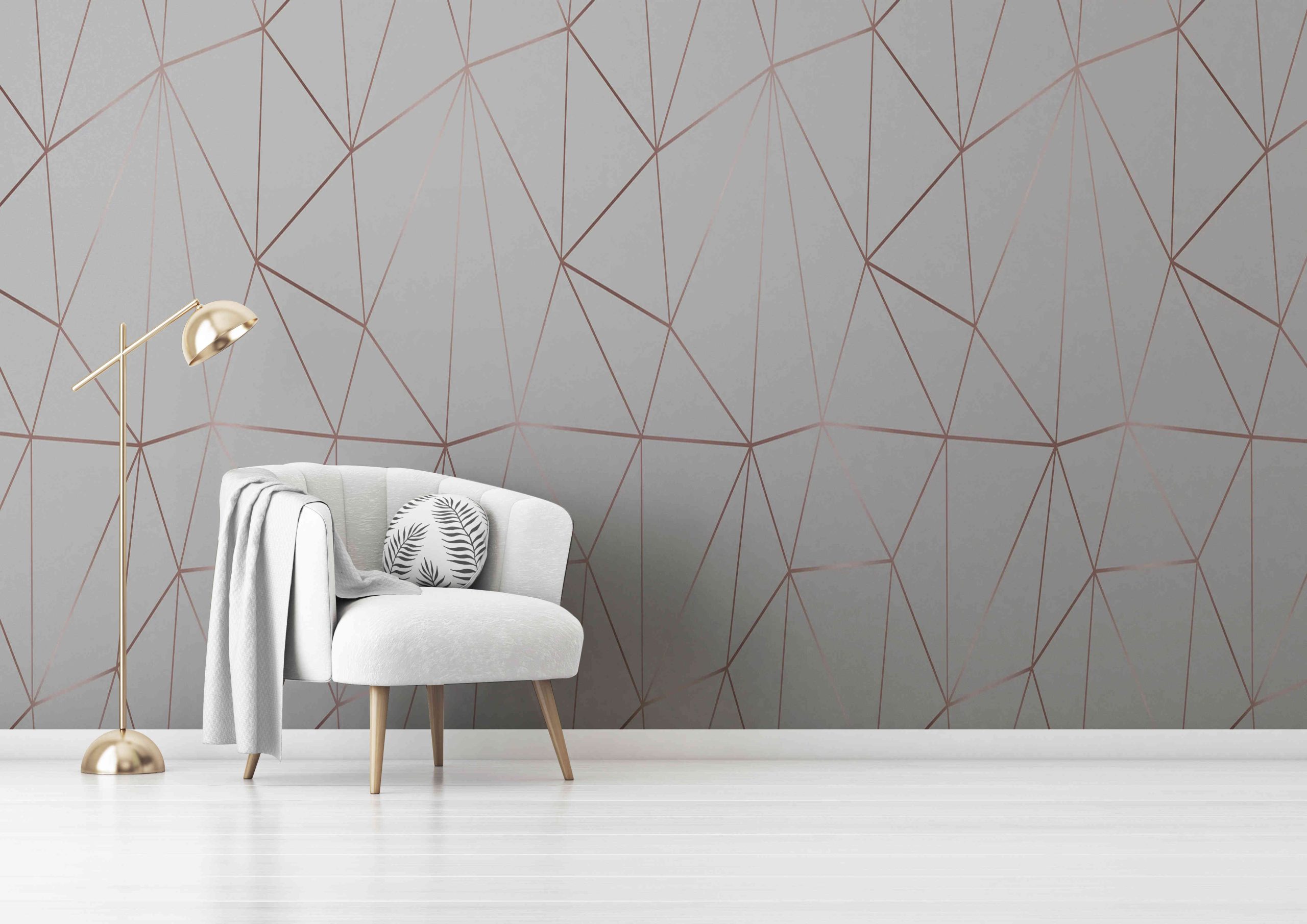 Living room interior wall mockup with gray velvet armchair, round pillow with tropical pattern, green plaid and standing lamp on empty white wall background. 3D rendering, illustration. Zazz DECCOR-000103 - Image 1