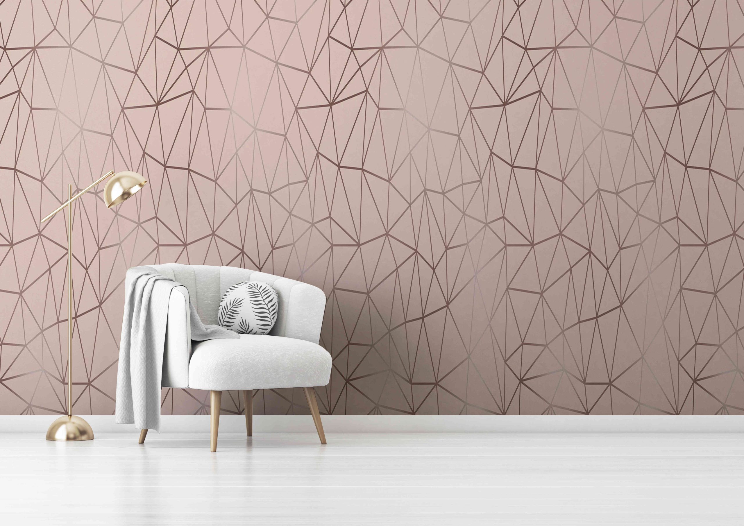 Living room interior wall mockup with gray velvet armchair, round pillow with tropical pattern, green plaid and standing lamp on empty white wall background. 3D rendering, illustration. Zazz DECCOR-000119 - Image 1