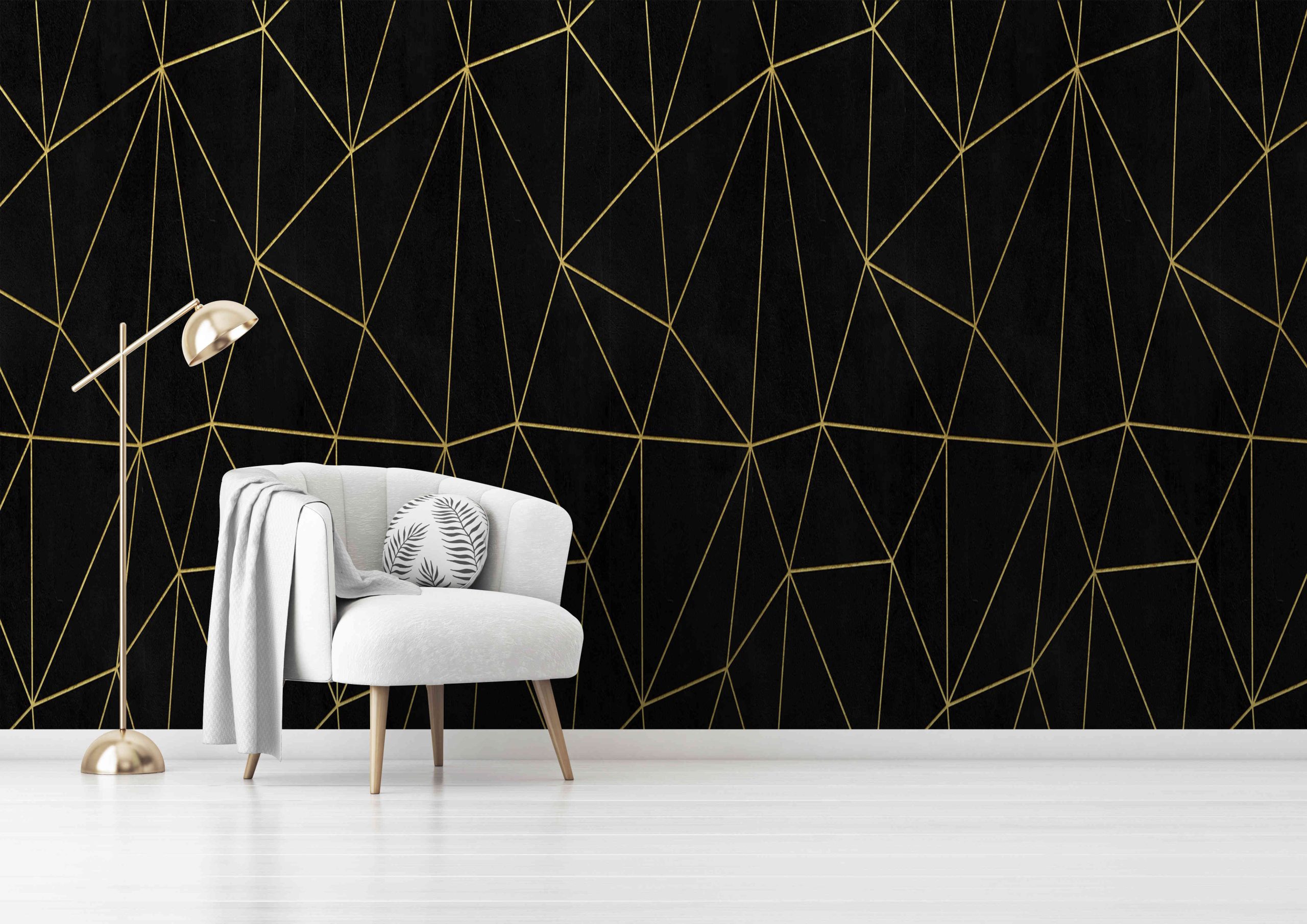 Living room interior wall mockup with gray velvet armchair, round pillow with tropical pattern, green plaid and standing lamp on empty white wall background. 3D rendering, illustration. Zazz DECCOR-000135 - Image 1