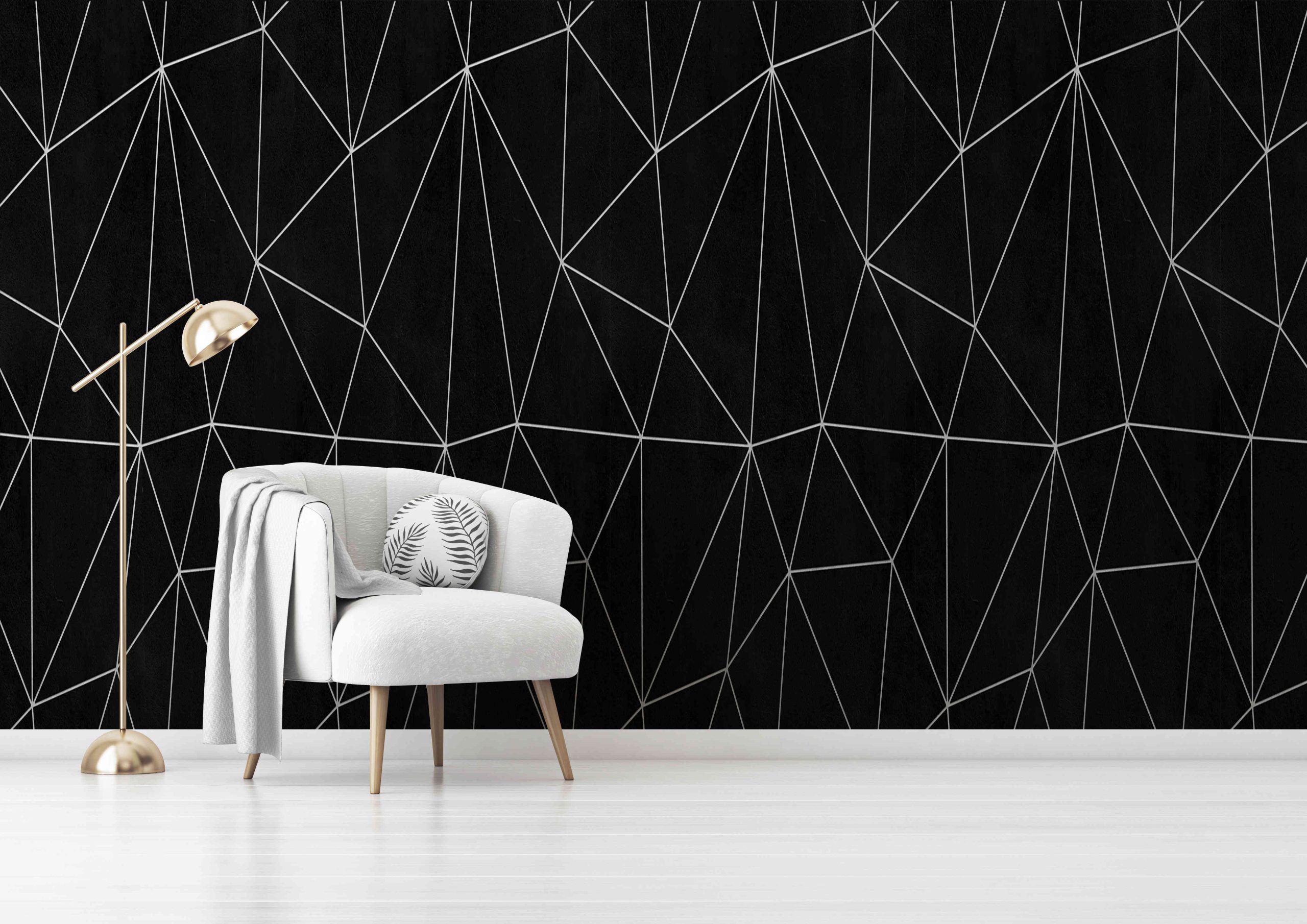 Living room interior wall mockup with gray velvet armchair, round pillow with tropical pattern, green plaid and standing lamp on empty white wall background. 3D rendering, illustration. Zazz DECCOR-000138 - Image 1