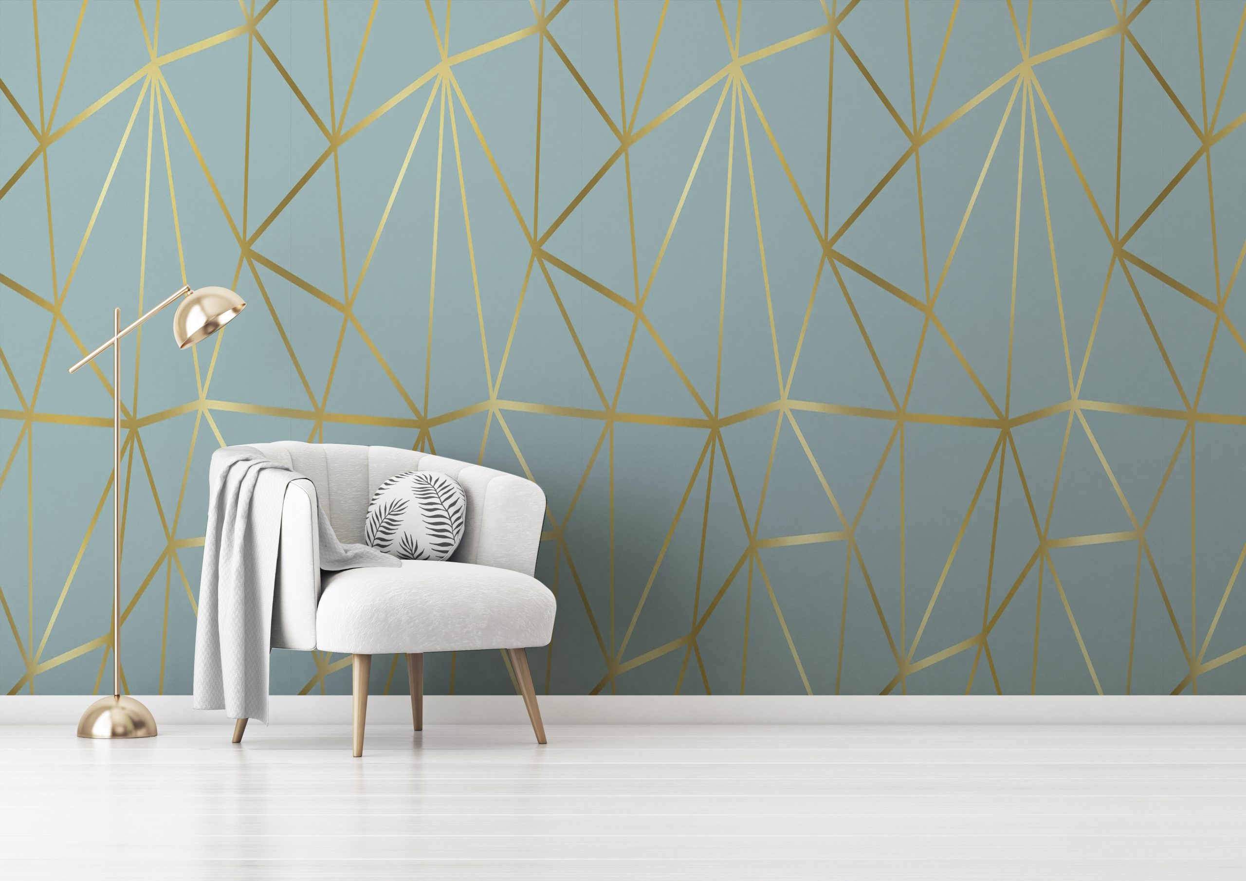 Living room interior wall mockup with gray velvet armchair, round pillow with tropical pattern, green plaid and standing lamp on empty white wall background. 3D rendering, illustration. Zazz DECCOR-00019 - Image 1