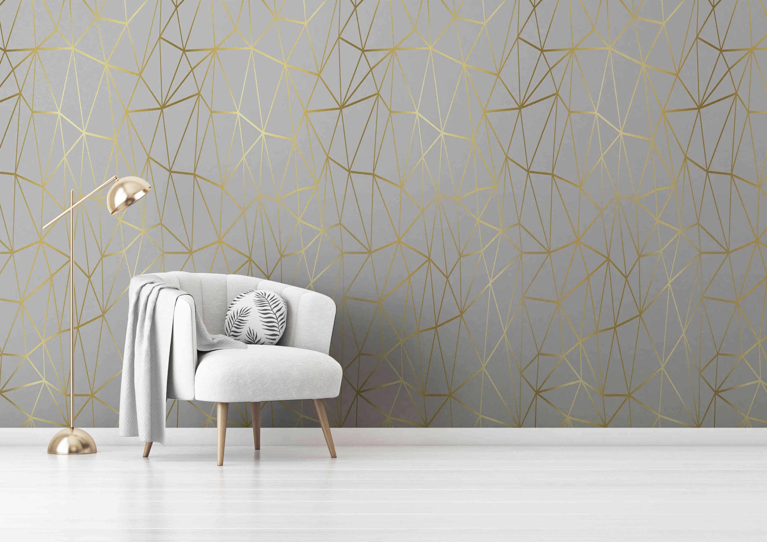 Living room interior wall mockup with gray velvet armchair, round pillow with tropical pattern, green plaid and standing lamp on empty white wall background. 3D rendering, illustration. Zazz DECCOR-00025 - Image 1