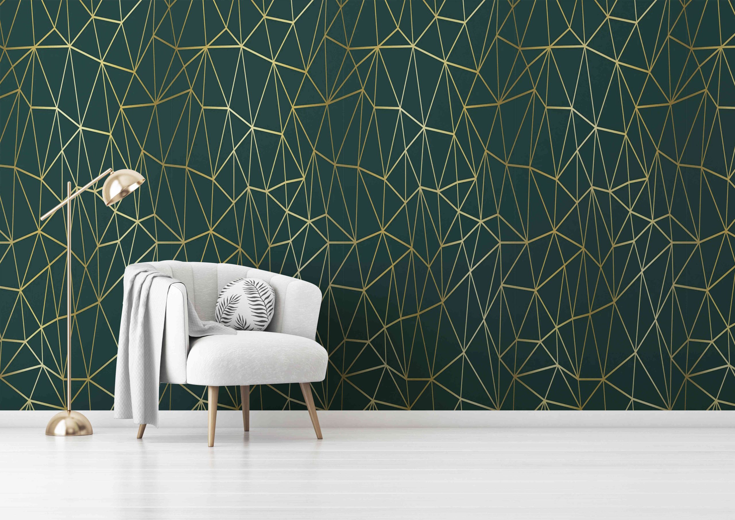 Living room interior wall mockup with gray velvet armchair, round pillow with tropical pattern, green plaid and standing lamp on empty white wall background. 3D rendering, illustration. Zazz DECCOR-00027 - Image 1
