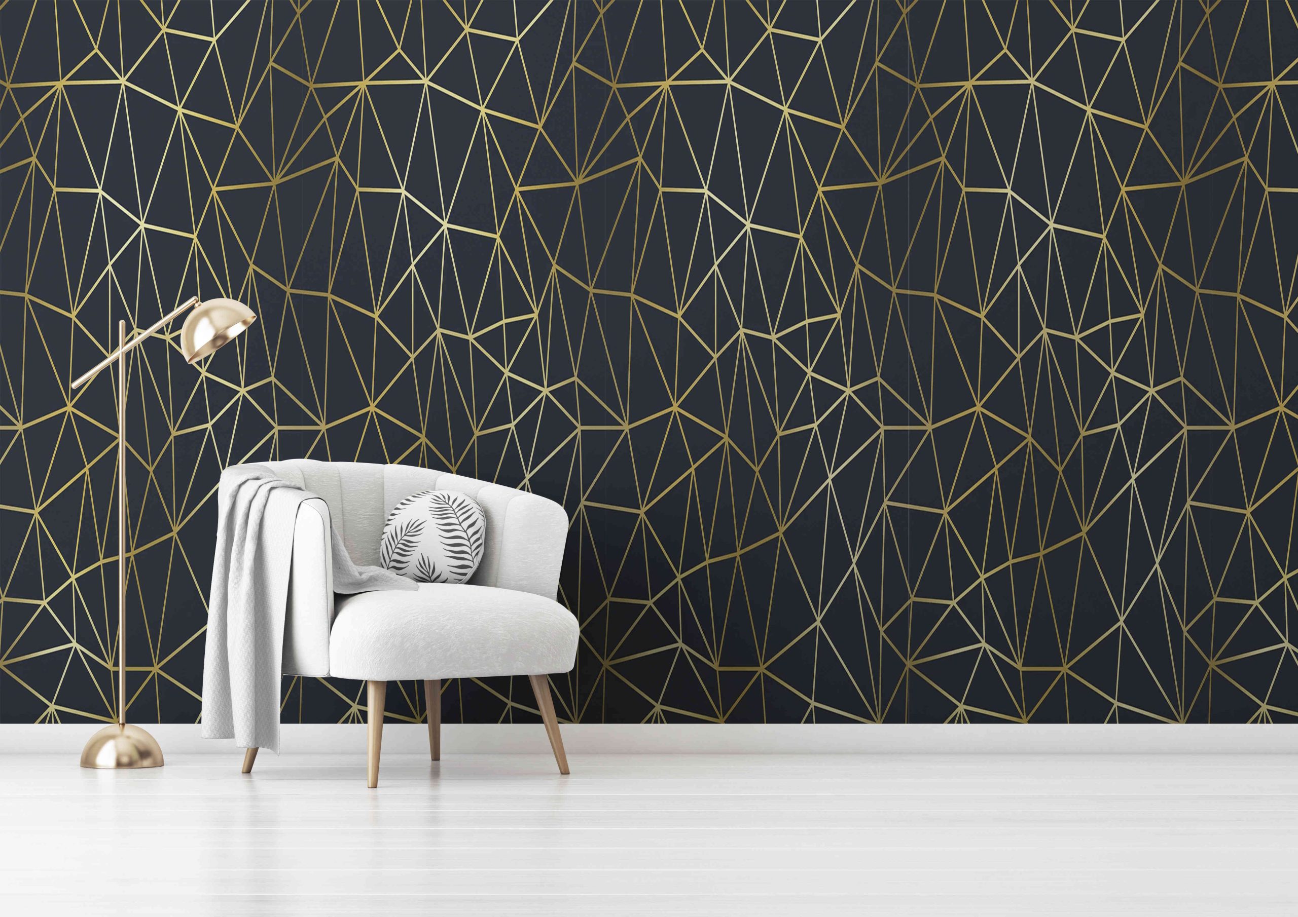 Living room interior wall mockup with gray velvet armchair, round pillow with tropical pattern, green plaid and standing lamp on empty white wall background. 3D rendering, illustration. Zazz DECCOR-00030 - Image 1