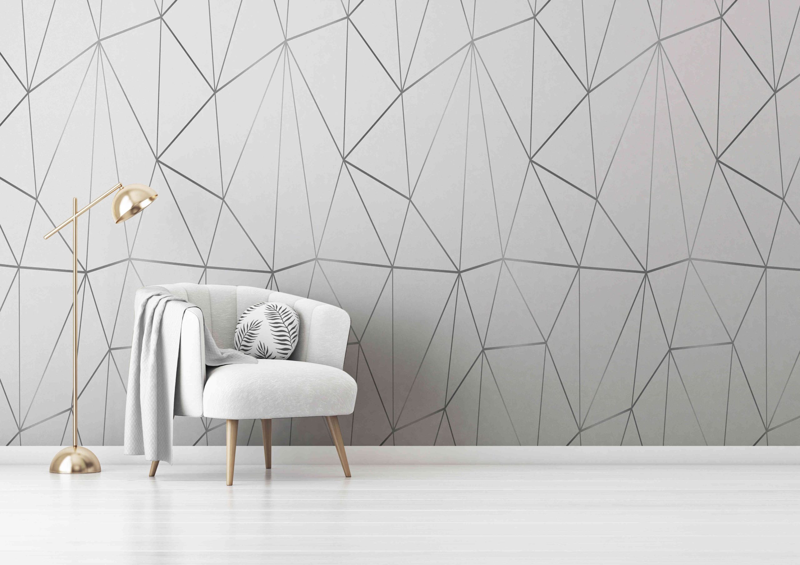 Living room interior wall mockup with gray velvet armchair, round pillow with tropical pattern, green plaid and standing lamp on empty white wall background. 3D rendering, illustration. Zazz DECCOR-00031 - Image 1