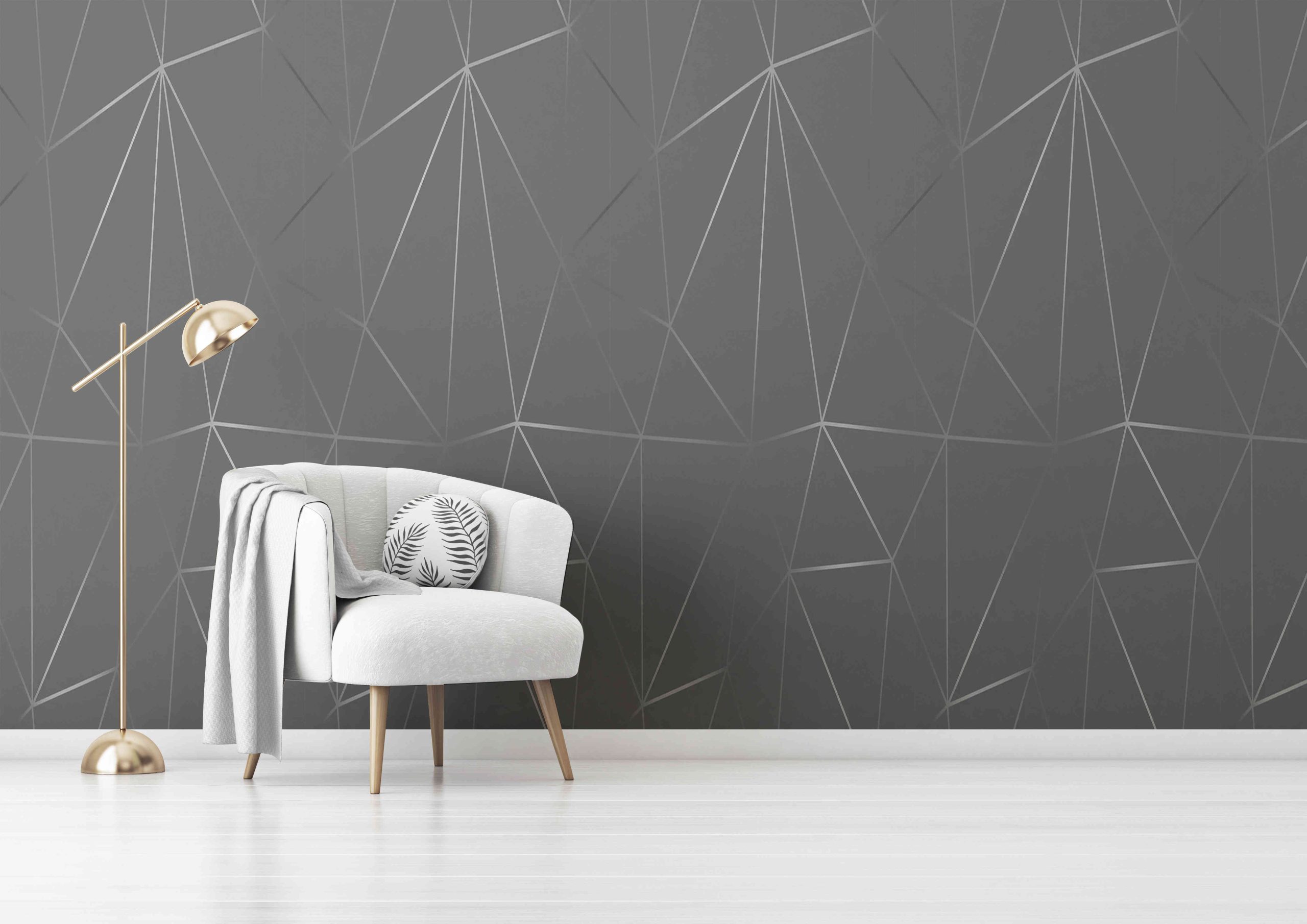 Living room interior wall mockup with gray velvet armchair, round pillow with tropical pattern, green plaid and standing lamp on empty white wall background. 3D rendering, illustration. Zazz DECCOR-00033 - Image 1