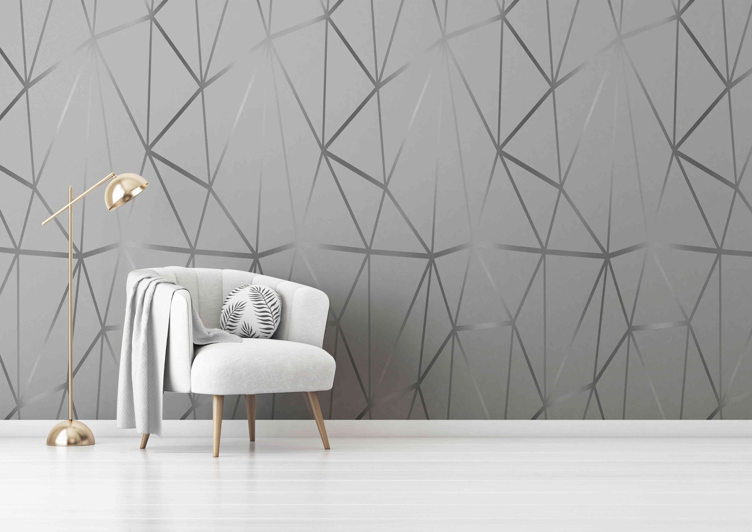 Living room interior wall mockup with gray velvet armchair, round pillow with tropical pattern, green plaid and standing lamp on empty white wall background. 3D rendering, illustration. Zazz DECCOR-00037 - Image 1