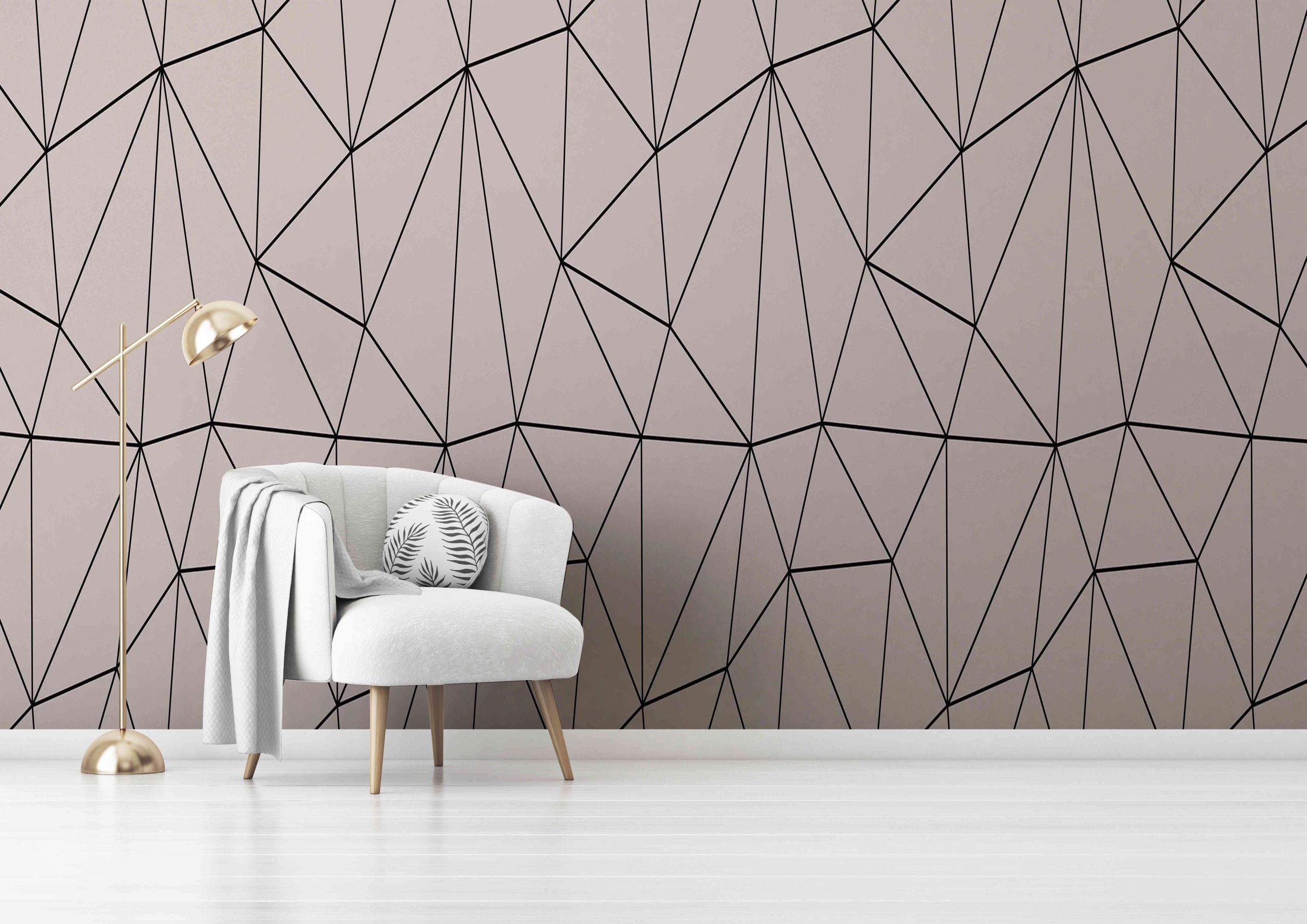 Living room interior wall mockup with gray velvet armchair, round pillow with tropical pattern, green plaid and standing lamp on empty white wall background. 3D rendering, illustration. Zazz DECCOR-00047 - Image 1