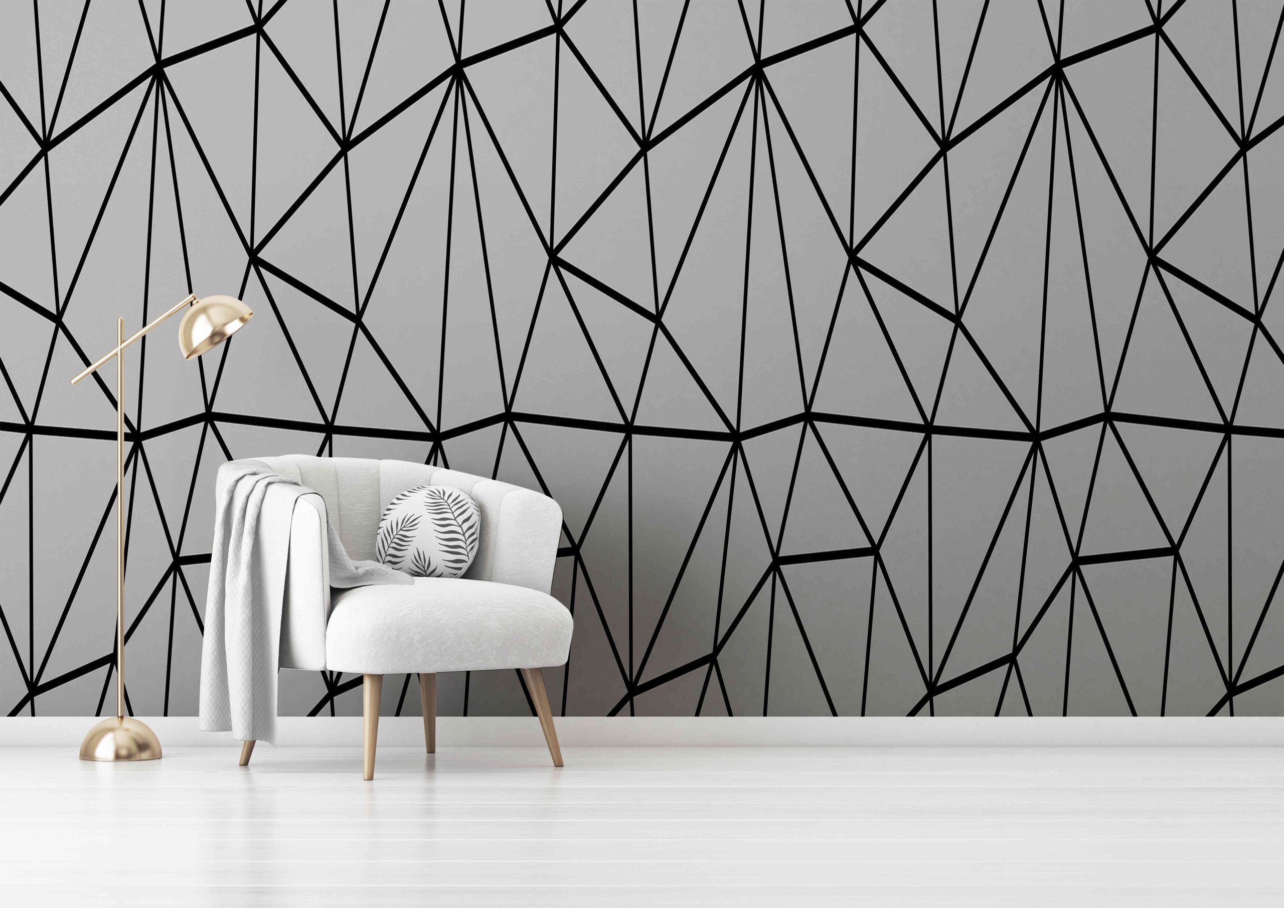 Living room interior wall mockup with gray velvet armchair, round pillow with tropical pattern, green plaid and standing lamp on empty white wall background. 3D rendering, illustration. Zazz DECCOR-00054 - Image 1
