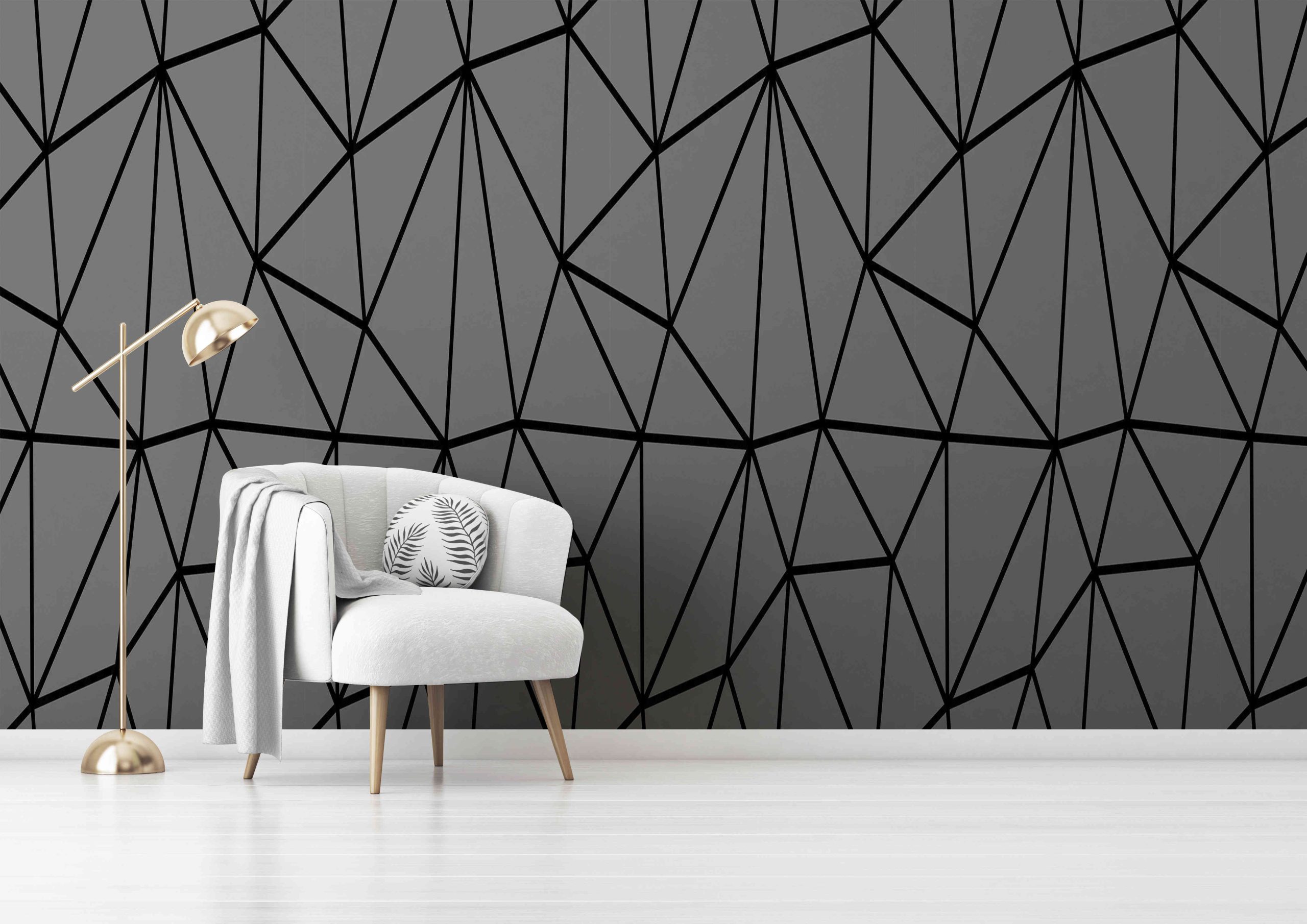Living room interior wall mockup with gray velvet armchair, round pillow with tropical pattern, green plaid and standing lamp on empty white wall background. 3D rendering, illustration. Zazz DECCOR-00055 - Image 1