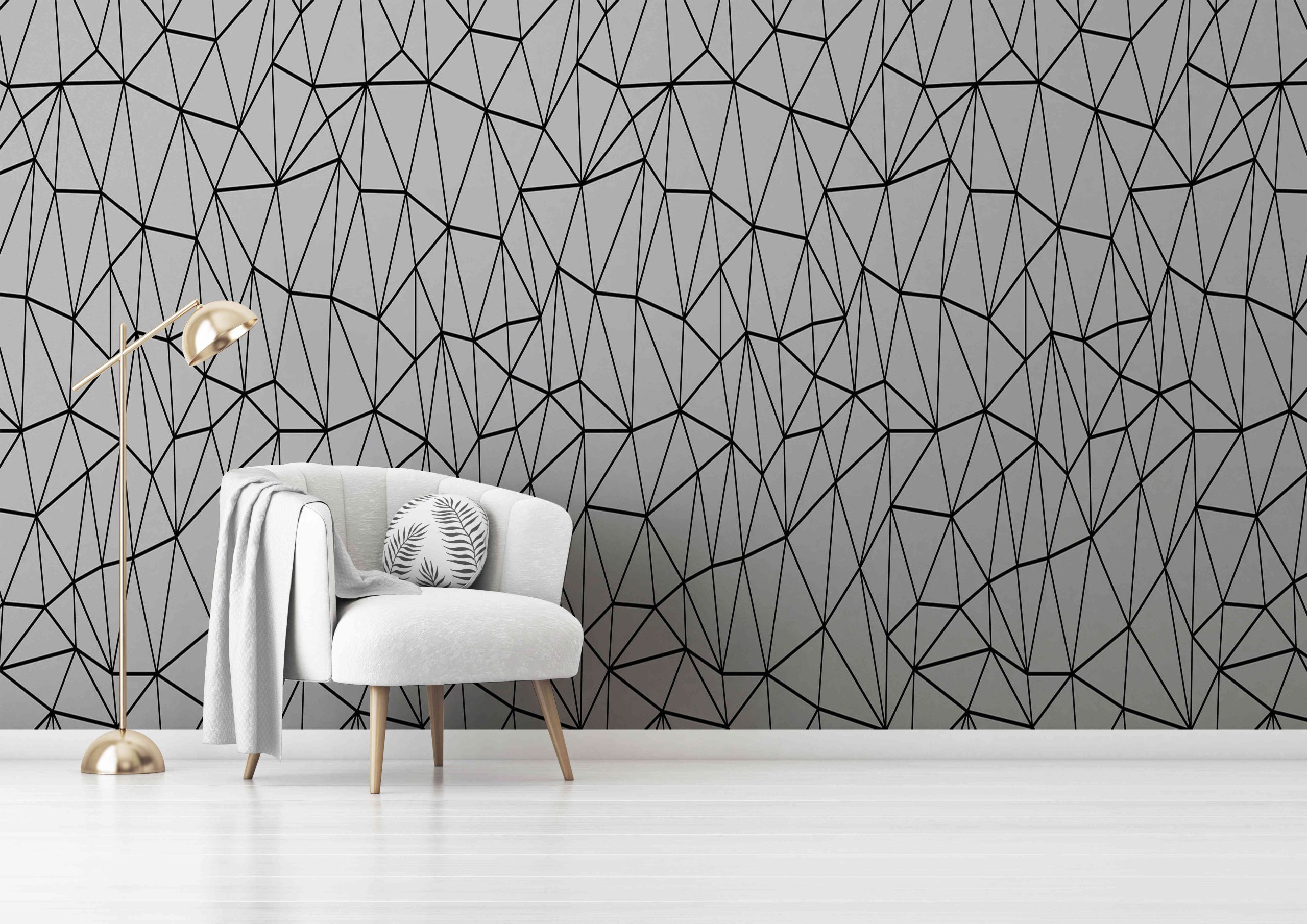 Living room interior wall mockup with gray velvet armchair, round pillow with tropical pattern, green plaid and standing lamp on empty white wall background. 3D rendering, illustration. Zazz DECCOR-00059 - Image 1