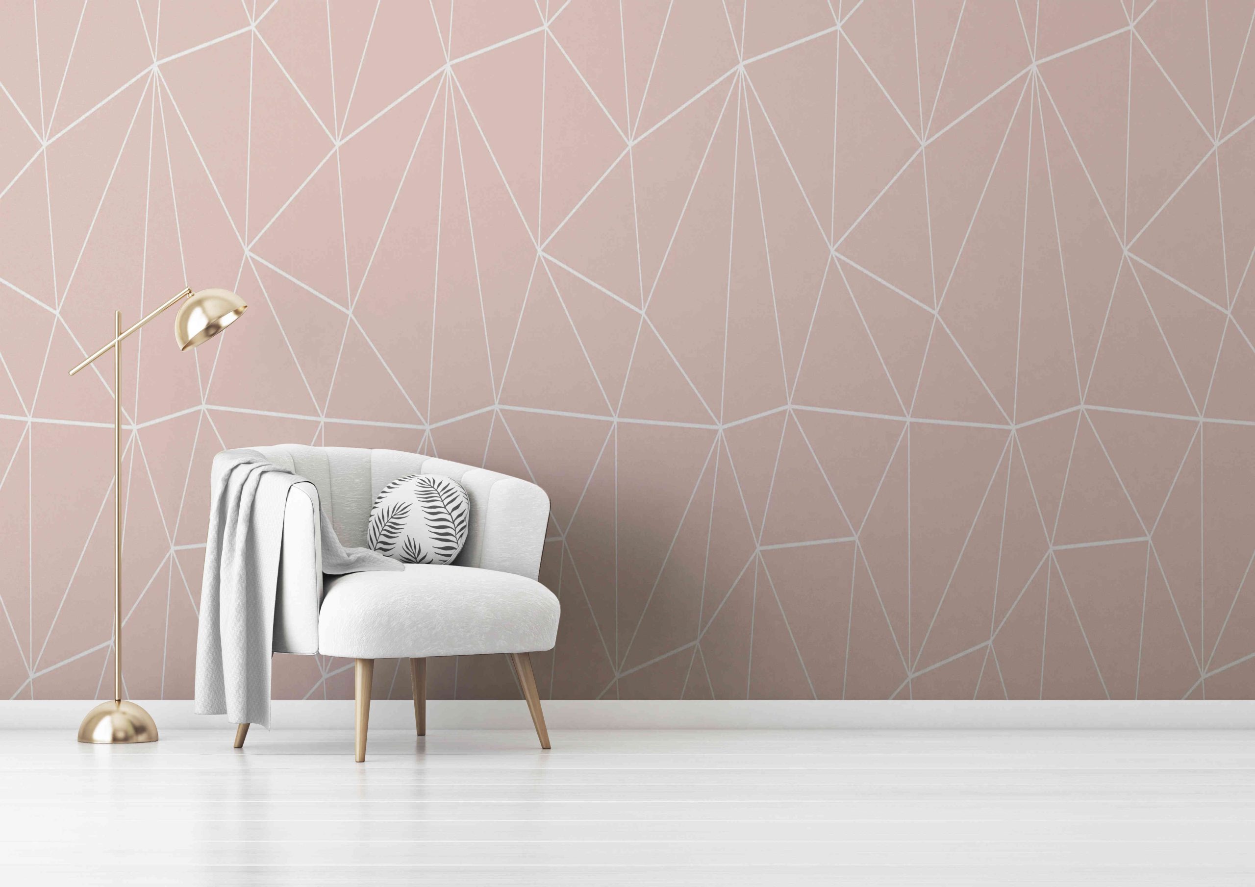 Living room interior wall mockup with gray velvet armchair, round pillow with tropical pattern, green plaid and standing lamp on empty white wall background. 3D rendering, illustration. Zazz DECCOR-00061 - Image 1