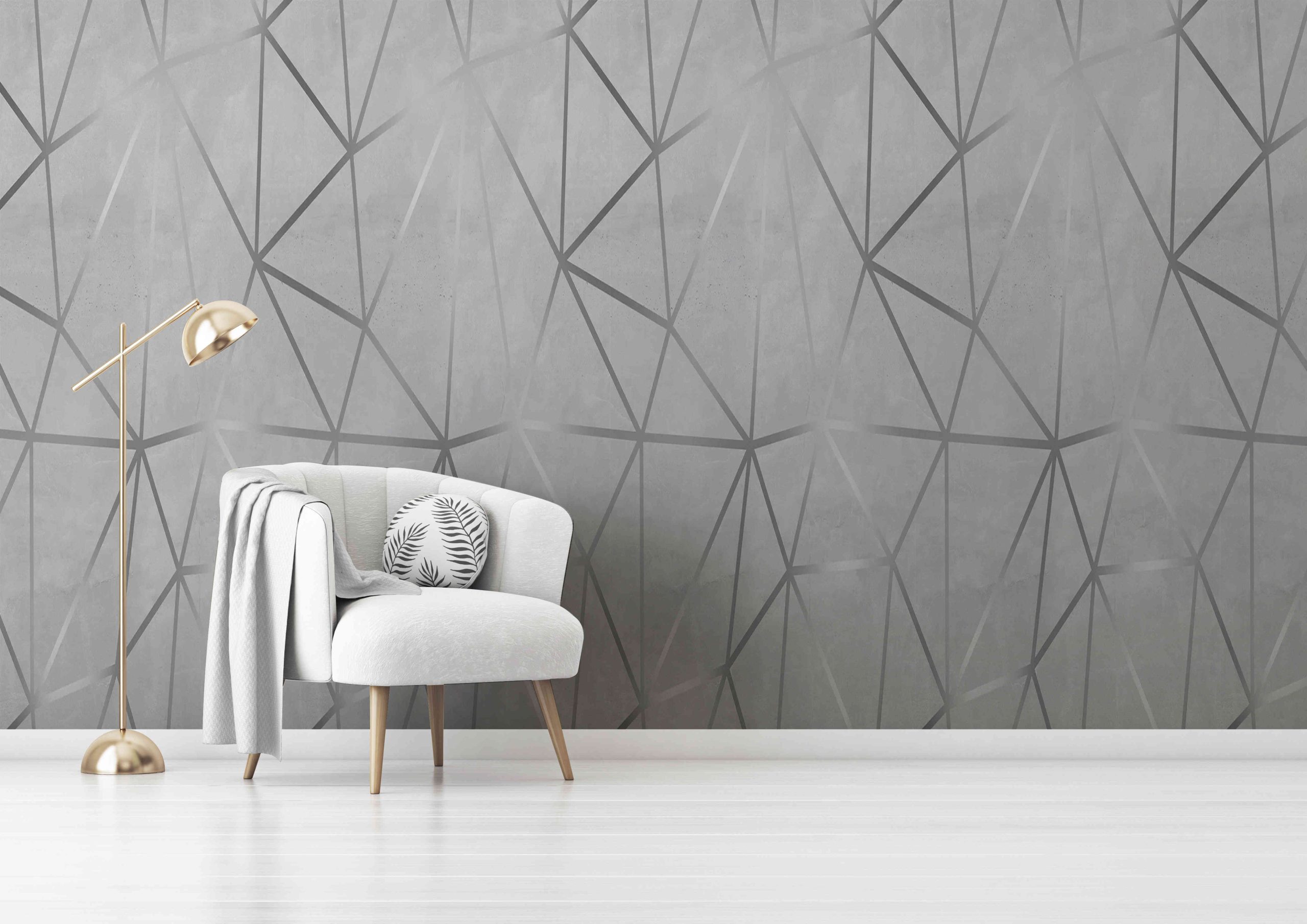 Living room interior wall mockup with gray velvet armchair, round pillow with tropical pattern, green plaid and standing lamp on empty white wall background. 3D rendering, illustration. Zazz DECCOR-00083 - Image 1