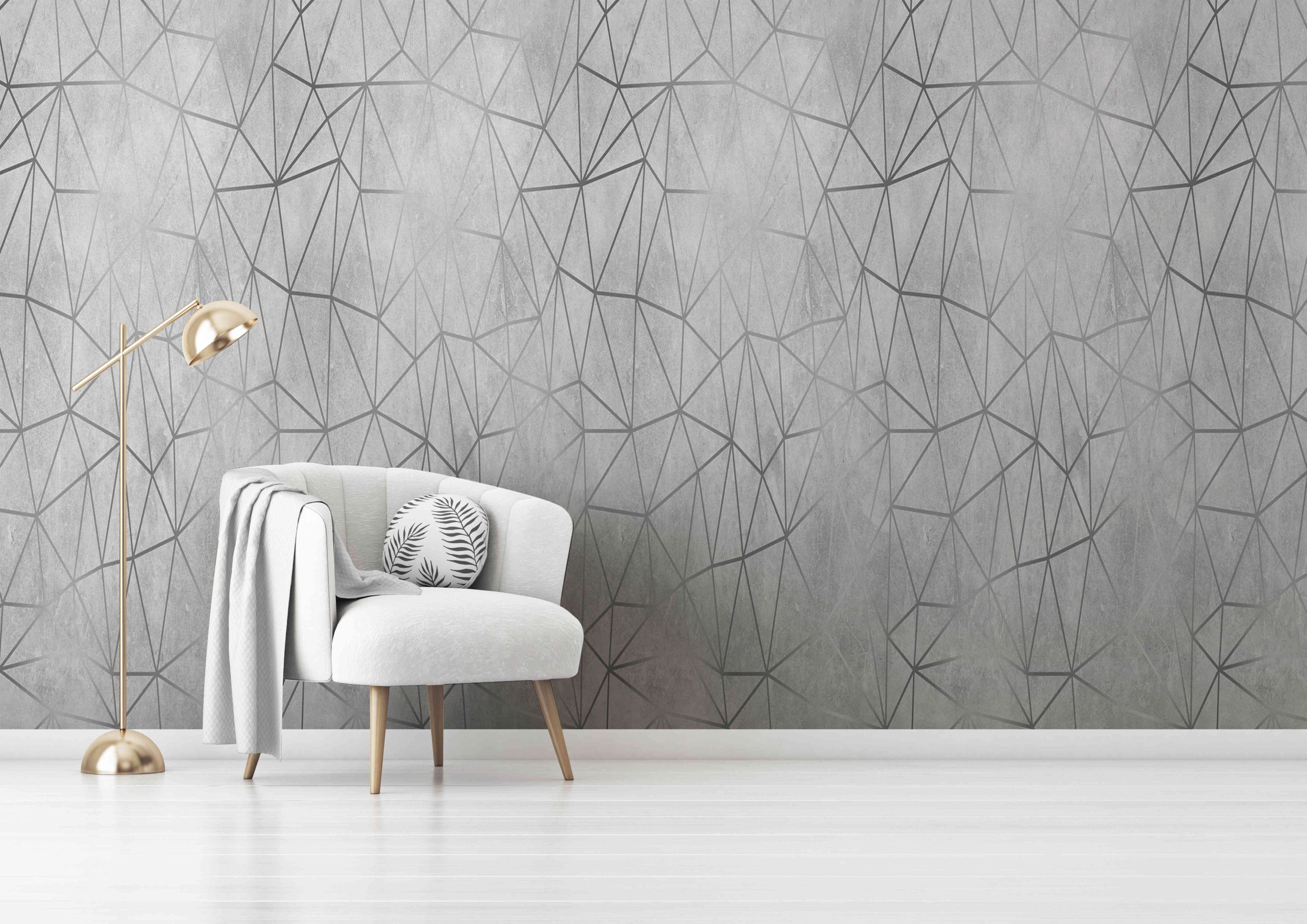 Living room interior wall mockup with gray velvet armchair, round pillow with tropical pattern, green plaid and standing lamp on empty white wall background. 3D rendering, illustration. Zazz DECCOR-00086 - Image 1