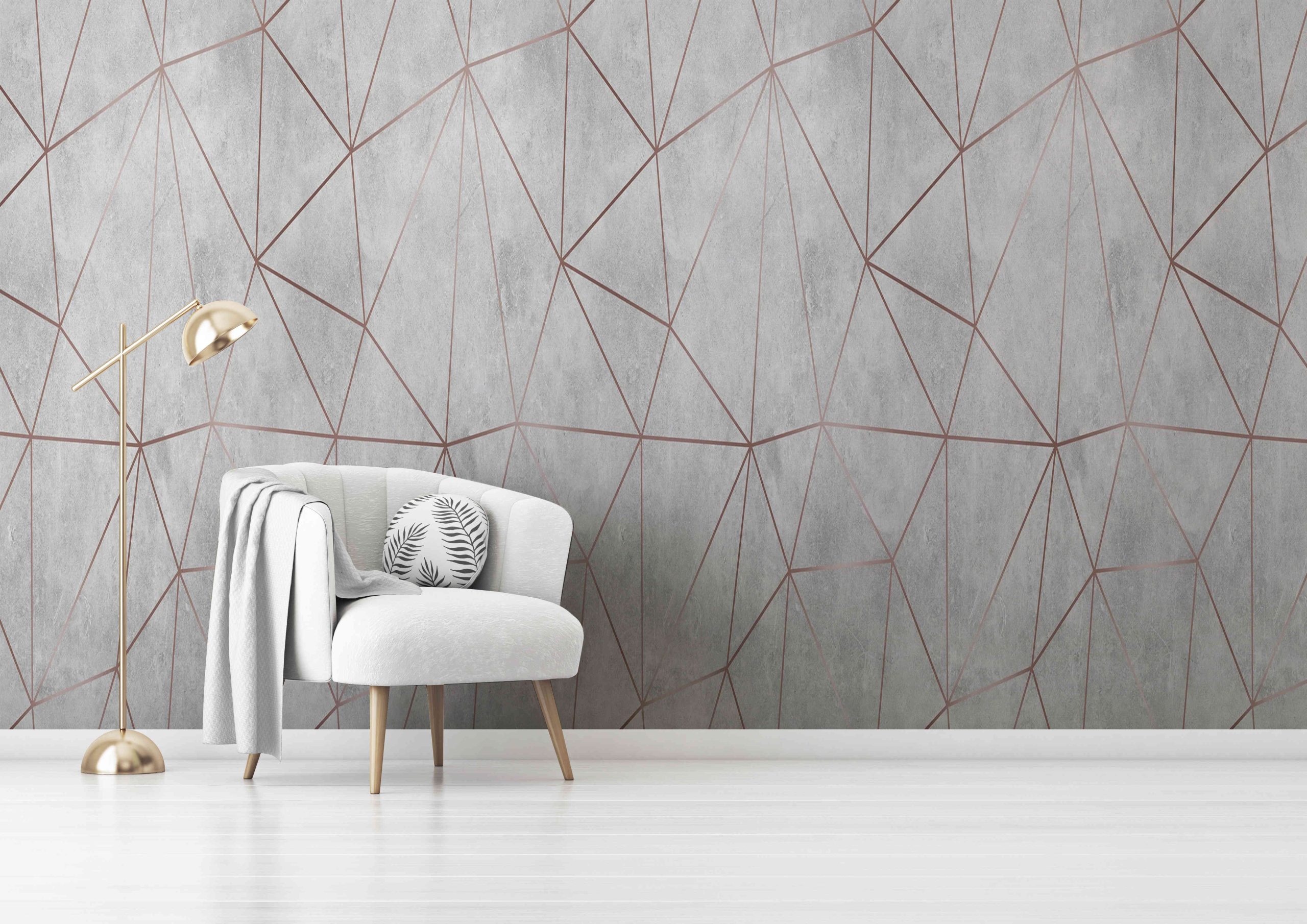 Living room interior wall mockup with gray velvet armchair, round pillow with tropical pattern, green plaid and standing lamp on empty white wall background. 3D rendering, illustration. Zazz DECCOR-00090 - Image 1