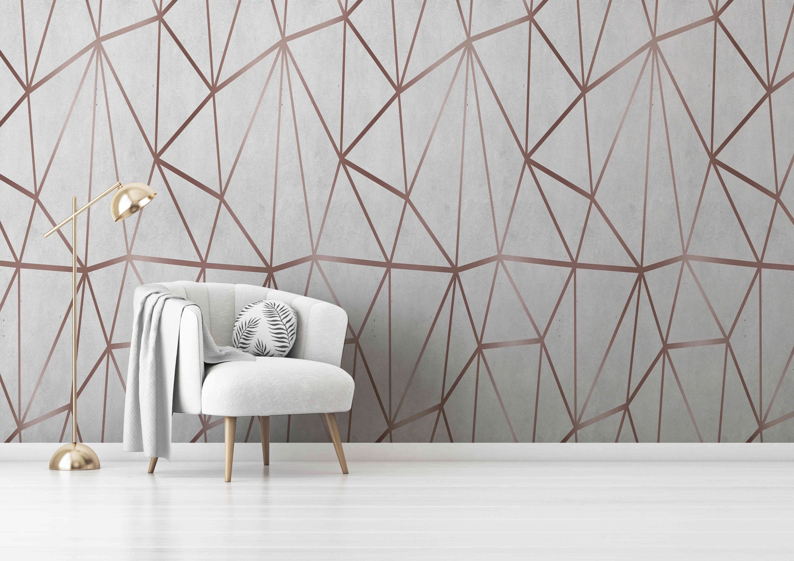 Living room interior wall mockup with gray velvet armchair, round pillow with tropical pattern, green plaid and standing lamp on empty white wall background. 3D rendering, illustration. Zazz DECCOR-00092 - Image 1