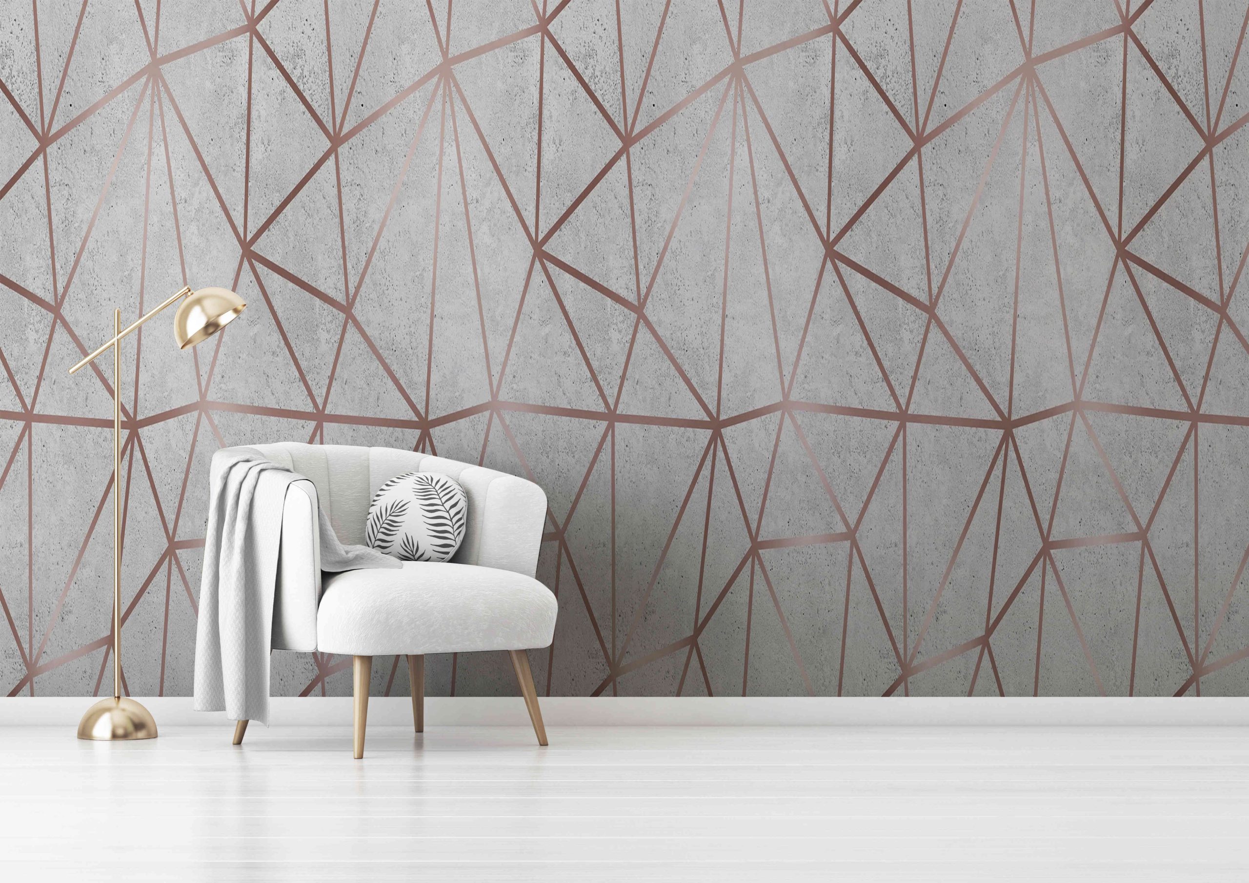 Living room interior wall mockup with gray velvet armchair, round pillow with tropical pattern, green plaid and standing lamp on empty white wall background. 3D rendering, illustration. Zazz DECCOR-00093 - Image 1