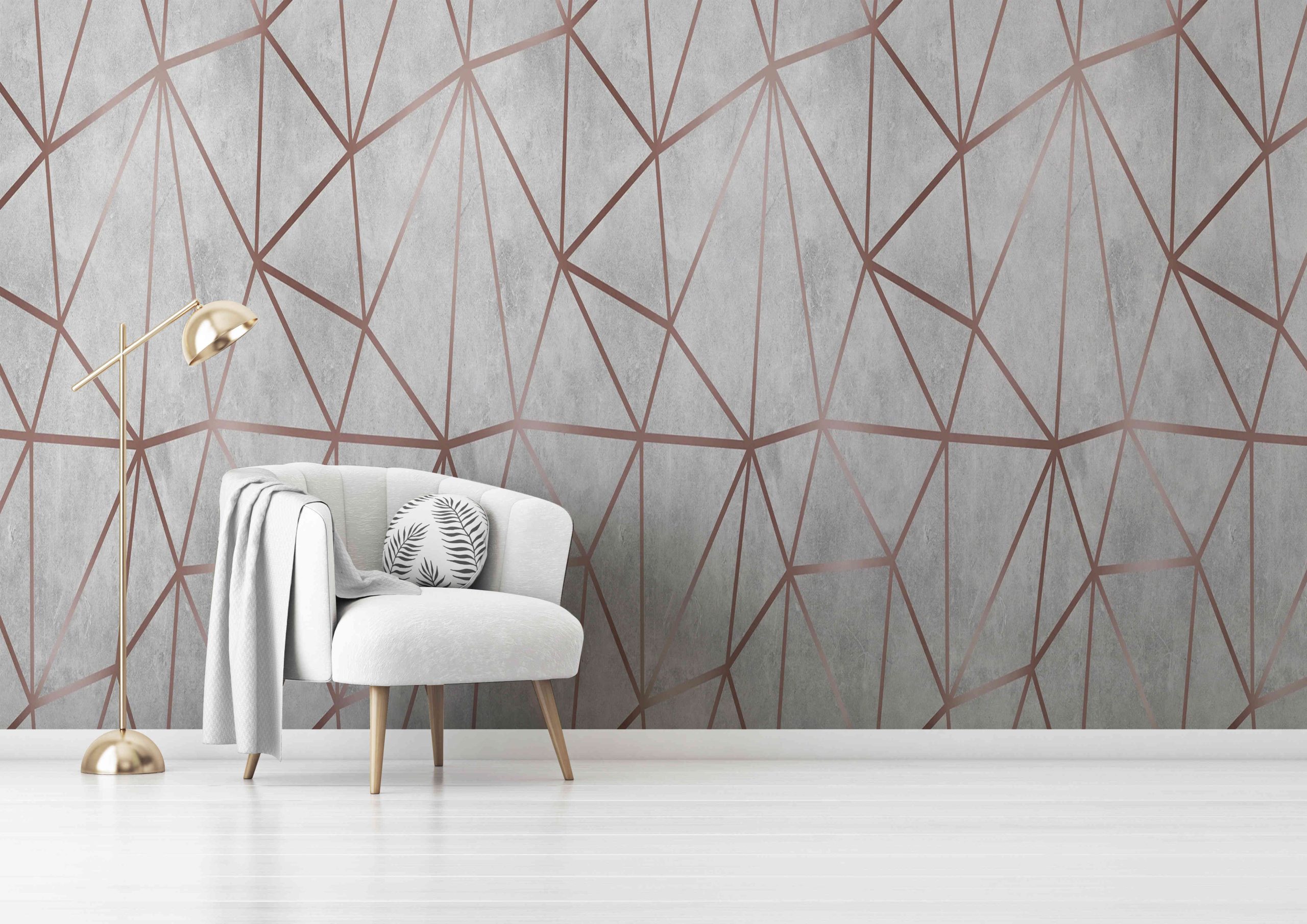 Living room interior wall mockup with gray velvet armchair, round pillow with tropical pattern, green plaid and standing lamp on empty white wall background. 3D rendering, illustration. Zazz DECCOR-00094 - Image 1