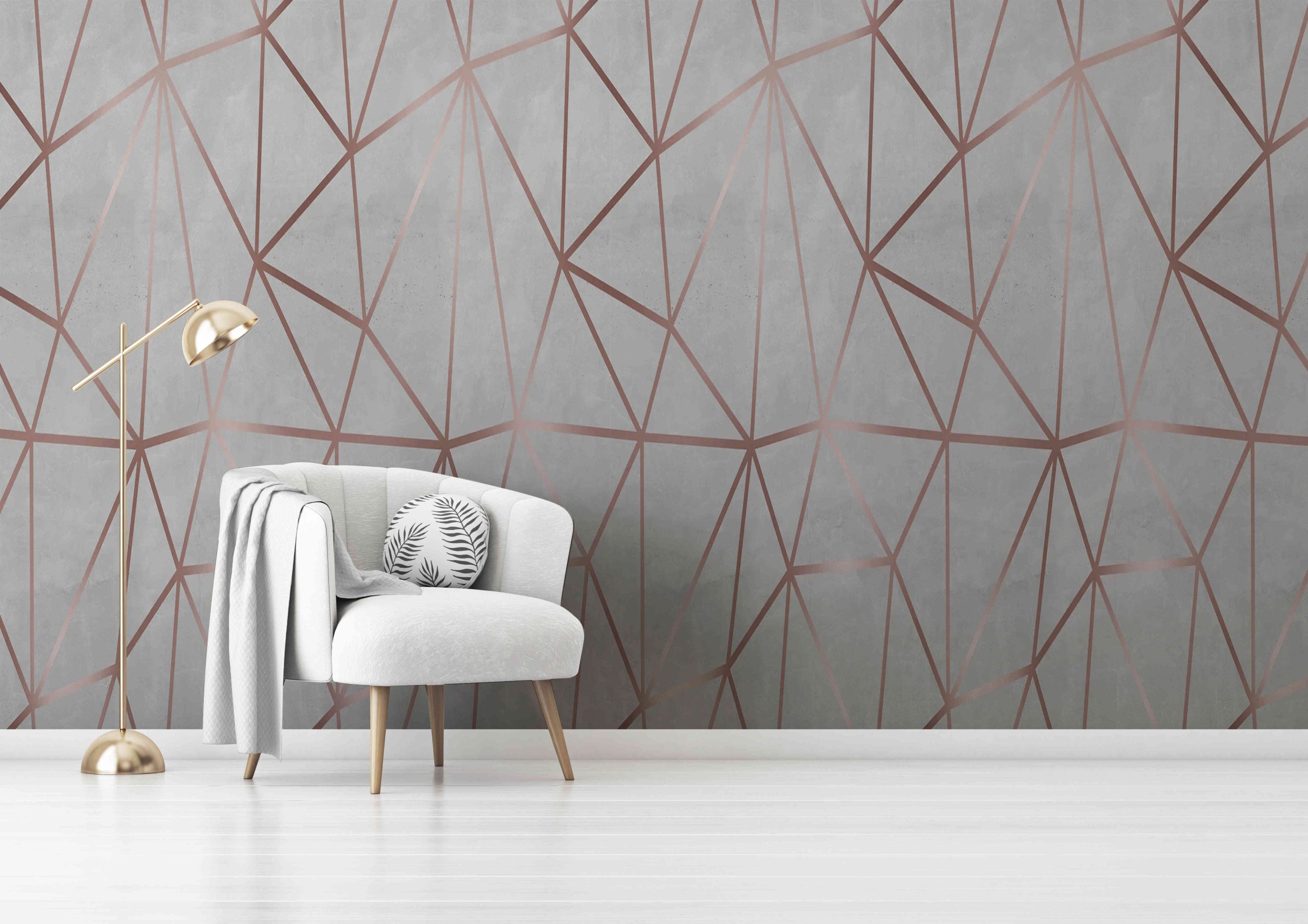 Living room interior wall mockup with gray velvet armchair, round pillow with tropical pattern, green plaid and standing lamp on empty white wall background. 3D rendering, illustration. Zazz DECCOR-00095 - Image 1