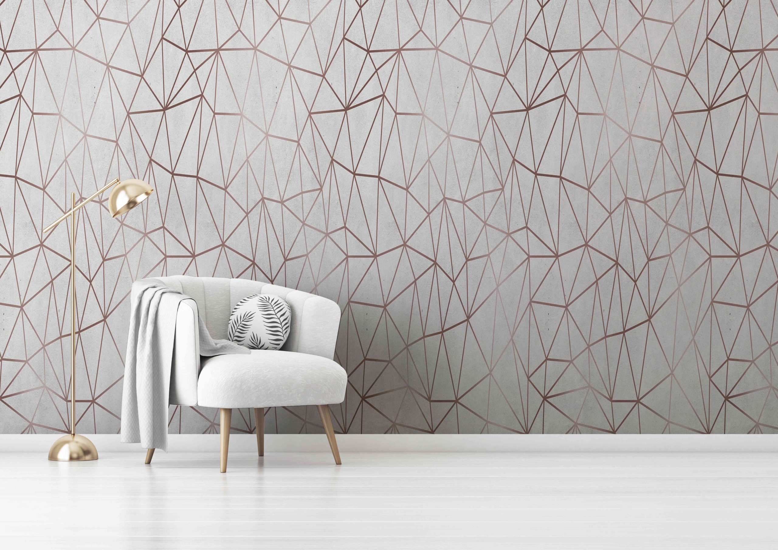 Living room interior wall mockup with gray velvet armchair, round pillow with tropical pattern, green plaid and standing lamp on empty white wall background. 3D rendering, illustration. Zazz DECCOR-00096 - Image 1