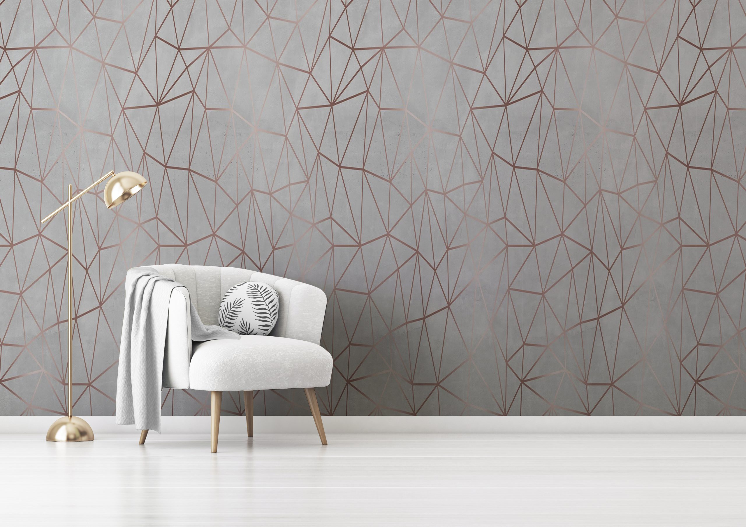 Living room interior wall mockup with gray velvet armchair, round pillow with tropical pattern, green plaid and standing lamp on empty white wall background. 3D rendering, illustration. Zazz DECCOR-00099 - Image 1