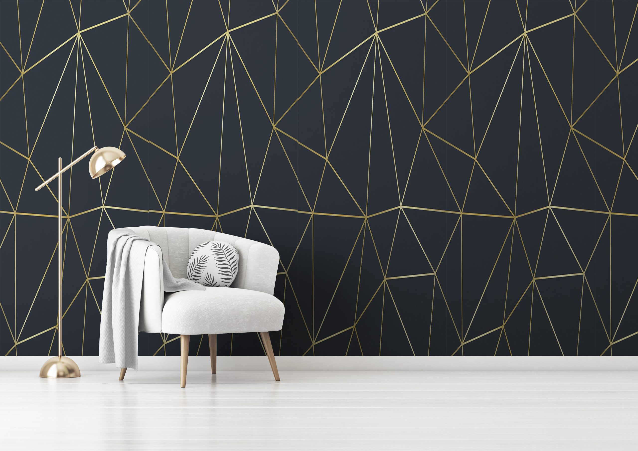 Living room interior wall mockup with gray velvet armchair, round pillow with tropical pattern, green plaid and standing lamp on empty white wall background. 3D rendering, illustration. Zazz DECCOR-00010 - Image 1