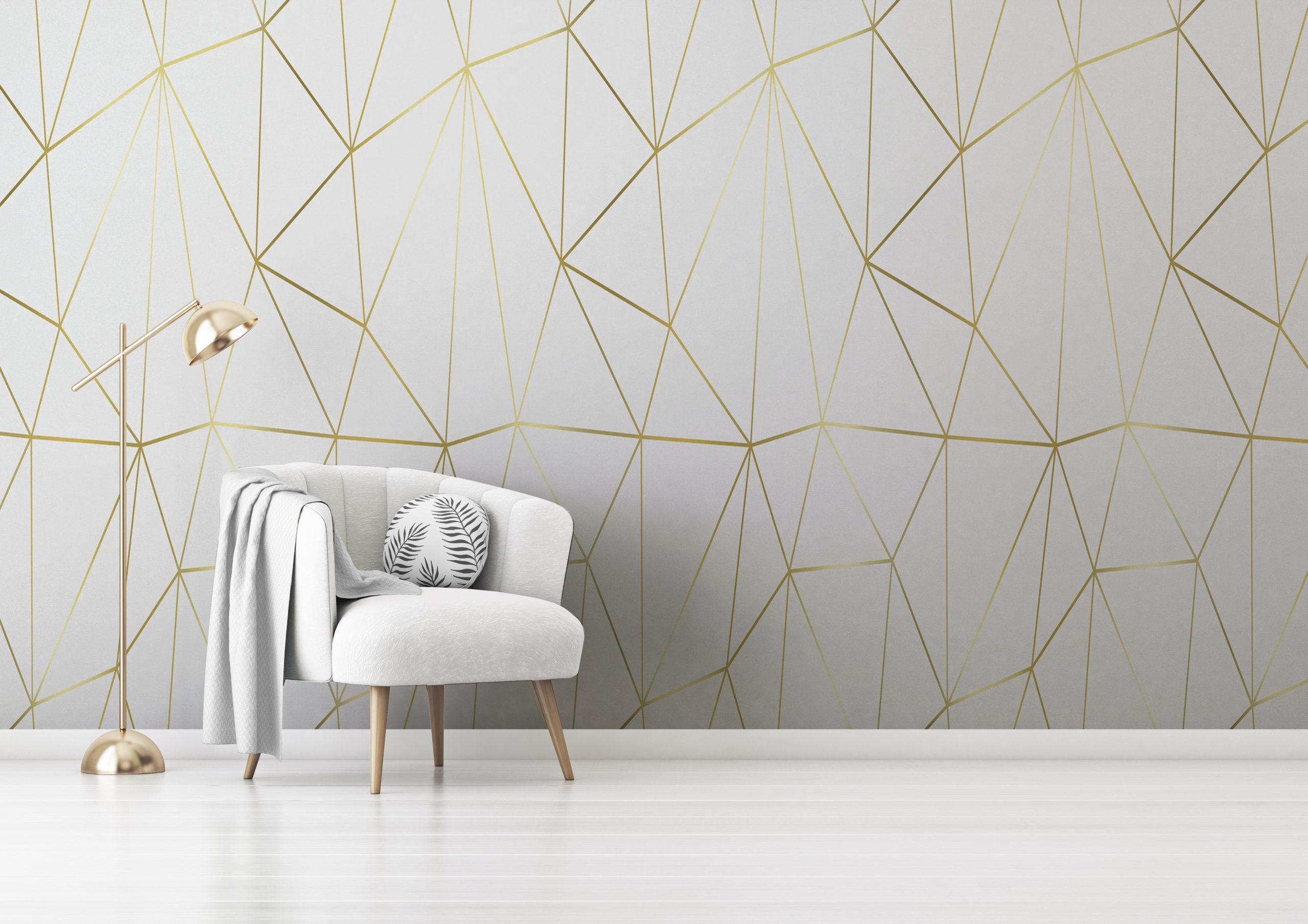 Living room interior wall mockup with gray velvet armchair, round pillow with tropical pattern, green plaid and standing lamp on empty white wall background. 3D rendering, illustration. Zazz DECCOR-0006 - Image 1